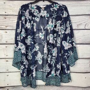 CJ Banks Women’s Plus 1X Floral Kimono Cardigan Sheer Navy Open Front